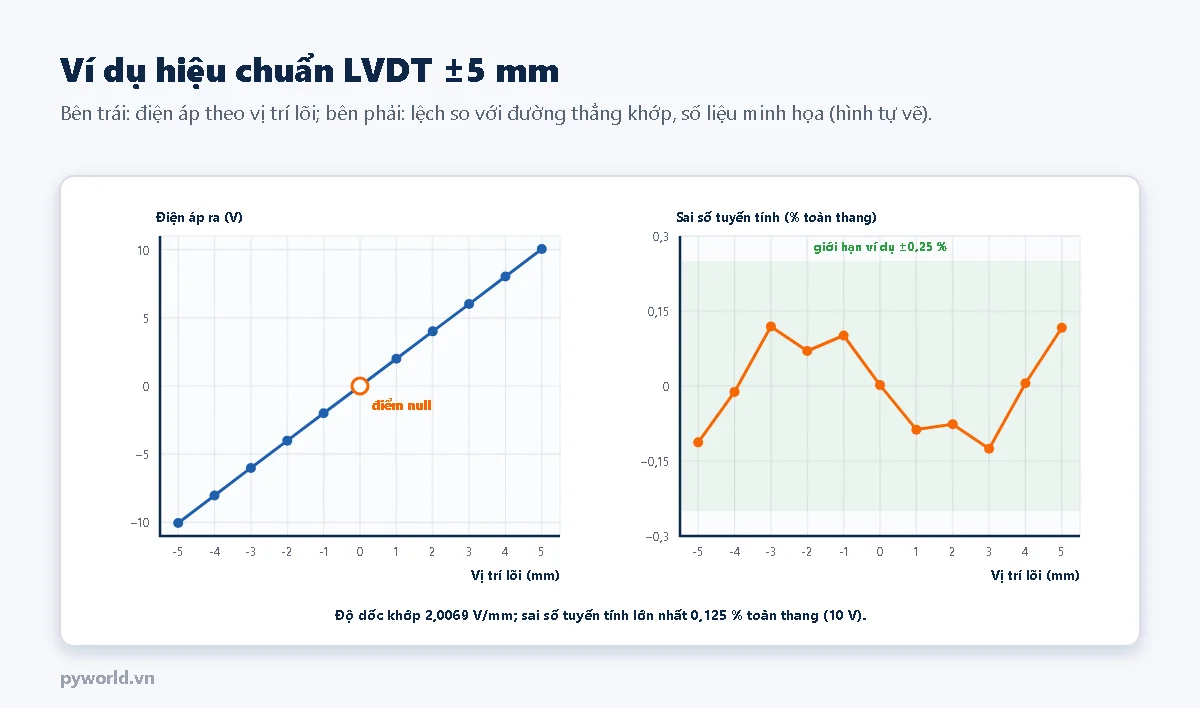 Hai đồ thị: bên trái điện áp ra của LVDT theo vị trí lõi từ âm 5 đến cộng 5 mm, đường thẳng qua điểm null; bên phải sai số tuyến tính theo phần trăm toàn thang dao động trong khoảng cộng trừ 0,125 phần trăm, nằm trong giới hạn ví dụ cộng trừ 0,25 phần trăm