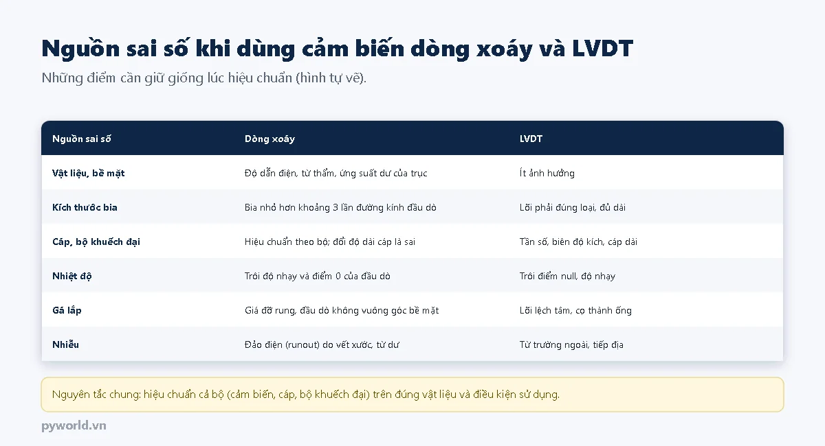 Bảng nguồn sai số của cảm biến dòng xoáy và LVDT: vật liệu bề mặt, kích thước bia, cáp và bộ khuếch đại, nhiệt độ, gá lắp, nhiễu
