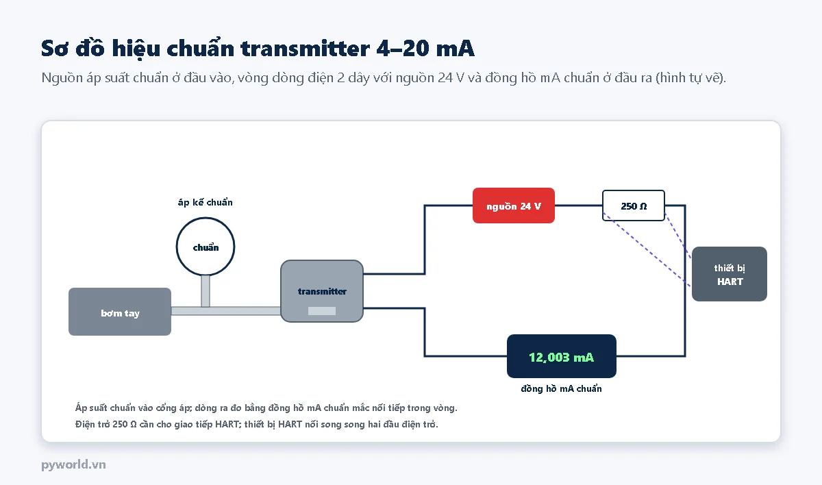 Sơ đồ: bơm tay và áp kế chuẩn cấp áp vào transmitter; transmitter nằm trong vòng dòng điện hai dây gồm nguồn 24 V, điện trở 250 ôm và đồng hồ mA chuẩn hiện 12,003 mA; thiết bị HART nối song song hai đầu điện trở