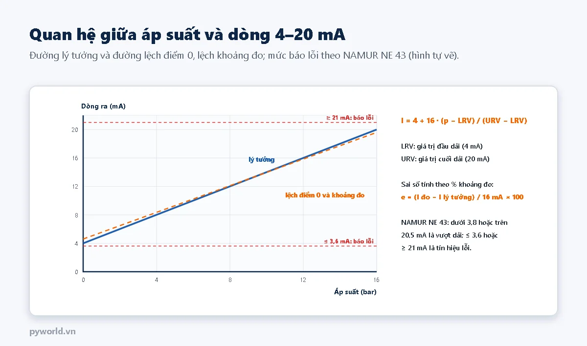 Đồ thị dòng ra theo áp suất từ 0 đến 16 bar: đường lý tưởng từ 4 đến 20 mA và đường lệch điểm 0 và khoảng đo; các mức báo lỗi 3,6 mA và 21 mA theo NAMUR NE 43; bên phải là công thức dòng và công thức sai số theo phần trăm khoảng đo