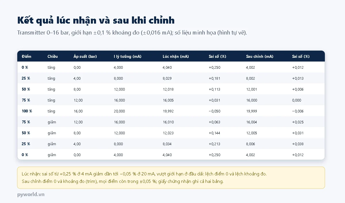 Bảng kết quả hiệu chuẩn transmitter 0 đến 16 bar tại 0, 25, 50, 75, 100 phần trăm chiều tăng và chiều giảm: lúc nhận dòng 4,040 mA ở 0 phần trăm, sai số cộng 0,250 phần trăm giảm dần tới âm 0,050 phần trăm ở 100 phần trăm; sau chỉnh sai số lớn nhất cộng 0,038 phần trăm