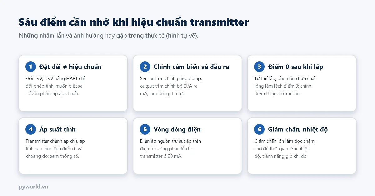 Sáu thẻ: đặt dải khác hiệu chuẩn; chỉnh cảm biến và đầu ra; điểm 0 sau khi lắp; áp suất tĩnh với transmitter chênh áp; điện áp vòng dòng điện; giảm chấn và nhiệt độ