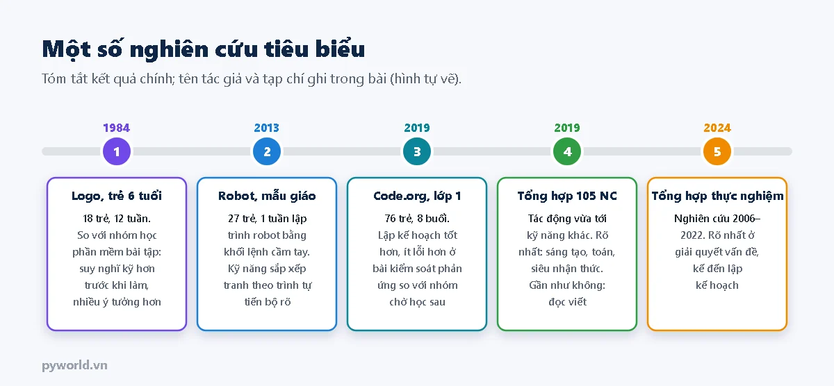 Năm nghiên cứu tiêu biểu theo thời gian: Logo với trẻ 6 tuổi năm 1984, robot với trẻ mẫu giáo năm 2013, Code.org với học sinh lớp 1 năm 2019, tổng hợp 105 nghiên cứu năm 2019, tổng hợp nghiên cứu thực nghiệm năm 2024