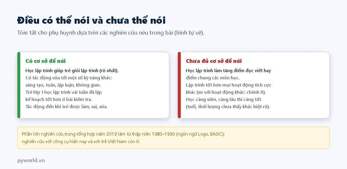 Hai cột: có cơ sở để nói học lập trình giúp giỏi lập trình, có tác động vừa tới sáng tạo, toán, lập luận, không gian, trẻ lớp 1 lập kế hoạch tốt hơn; chưa đủ cơ sở để nói lập trình làm tăng điểm đọc viết, tốt hơn mọi hoạt động khác, học càng sớm càng tốt