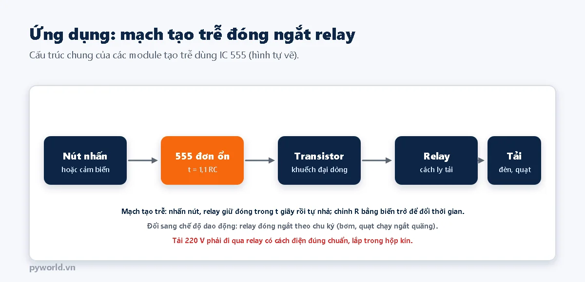 Sơ đồ khối mạch tạo trễ: nút nhấn hoặc cảm biến, sang 555 đơn ổn với t bằng 1,1 RC, sang transistor khuếch đại dòng, sang relay cách ly tải, sang tải là đèn hoặc quạt; ghi chú nhấn nút thì relay giữ đóng trong t giây rồi tự nhả, chỉnh R bằng biến trở, chế độ dao động cho relay đóng ngắt theo chu kỳ, tải 220 V phải qua relay có cách điện đúng chuẩn