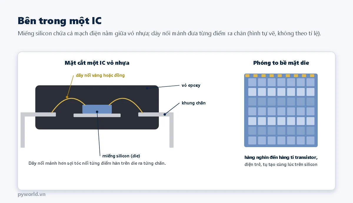 Hai hình: bên trái là mặt cắt một IC vỏ nhựa với miếng silicon màu xanh nằm trên đế kim loại, hai dây nối vàng cong từ silicon ra hai chân kim loại, vỏ epoxy đen bọc ngoài; bên phải là bề mặt die phóng to gồm lưới các khối mạch và hàng điểm hàn vàng ở mép