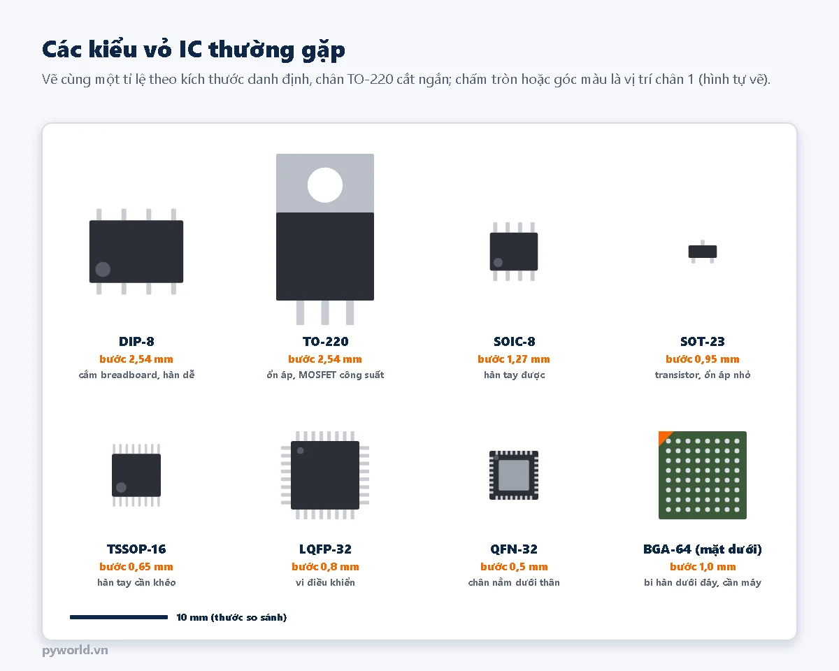 Tám kiểu vỏ IC vẽ cùng tỉ lệ: DIP-8 bước chân 2,54 mm cắm breadboard được; TO-220 bước 2,54 mm cho ổn áp, MOSFET công suất; SOIC-8 bước 1,27 mm hàn tay được; SOT-23 bước 0,95 mm cho transistor, ổn áp nhỏ; TSSOP-16 bước 0,65 mm hàn tay cần khéo; LQFP-32 bước 0,8 mm cho vi điều khiển; QFN-32 bước 0,5 mm chân nằm dưới thân; BGA-64 mặt dưới với lưới bi hàn bước 1,0 mm; thước so sánh 10 mm