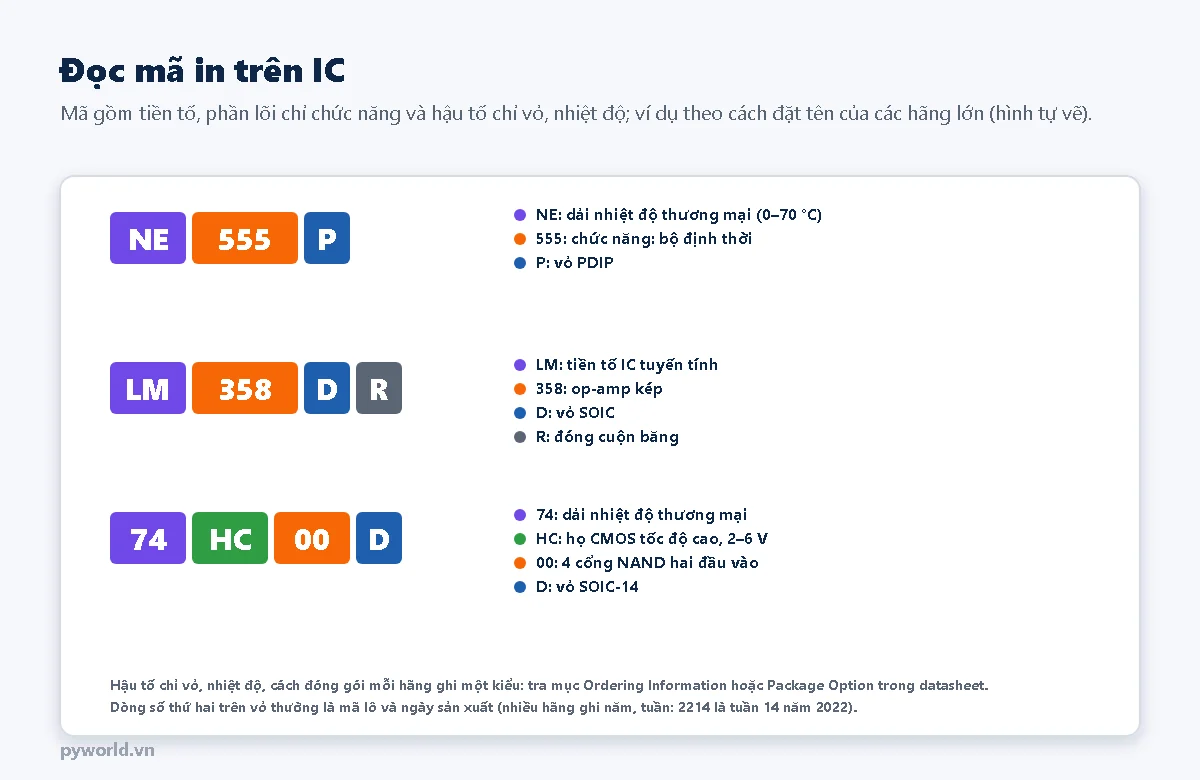 Ba ví dụ tách mã IC thành các ô màu: NE555P gồm NE dải nhiệt độ thương mại 0 đến 70 độ C, 555 bộ định thời, P vỏ PDIP; LM358DR gồm LM tiền tố IC tuyến tính, 358 op-amp kép, D vỏ SOIC, R đóng cuộn băng; 74HC00D gồm 74 dải nhiệt độ thương mại, HC họ CMOS tốc độ cao 2 đến 6 V, 00 bốn cổng NAND hai đầu vào, D vỏ SOIC-14