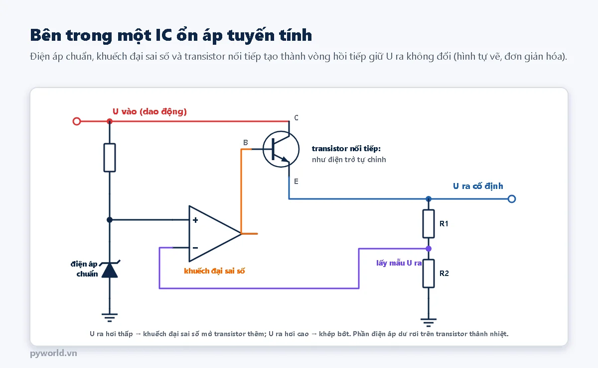 Sơ đồ khối bên trong IC ổn áp: U vào nối collector của transistor nối tiếp, emitter là U ra cố định; cầu phân áp R1, R2 lấy mẫu U ra đưa về đầu trừ của khuếch đại sai số; điện trở và zener tạo điện áp chuẩn đưa vào đầu cộng; ngõ ra khuếch đại sai số điều khiển base transistor