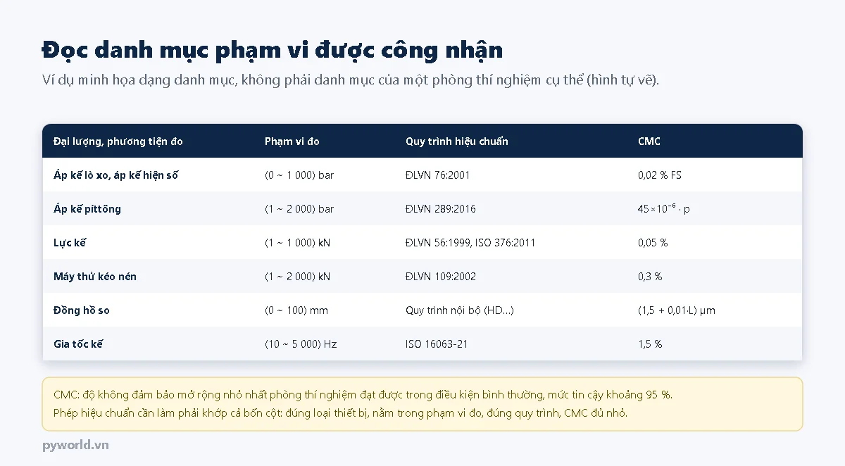 Bảng ví dụ danh mục phạm vi công nhận gồm các cột đại lượng hoặc phương tiện đo, phạm vi đo, quy trình hiệu chuẩn, CMC; các dòng ví dụ: áp kế lò xo và hiện số theo ĐLVN 76:2001, áp kế píttông theo ĐLVN 289:2016, lực kế theo ĐLVN 56:1999 và ISO 376:2011, máy thử kéo nén theo ĐLVN 109:2002, đồng hồ so theo quy trình nội bộ, gia tốc kế theo ISO 16063-21