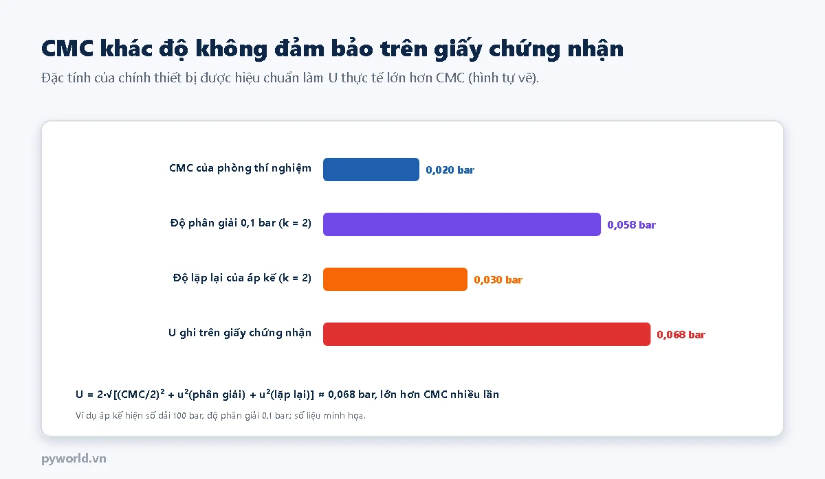 Biểu đồ thanh: CMC của phòng thí nghiệm 0,020 bar, đóng góp độ phân giải 0,1 bar là 0,058 bar, độ lặp lại của áp kế 0,030 bar, độ không đảm bảo ghi trên giấy chứng nhận khoảng 0,068 bar