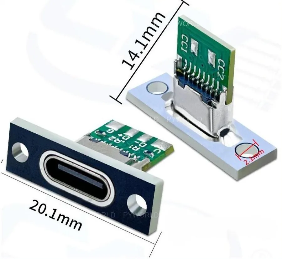 Mạch ra chân USB Type-C cái gắn panel bản 6 pad: một mặt có hai pad CC1 và CC2, mặt kia có các pad G, D+, D−, V và vị trí hàn điện trở R1, R2; tấm gắn panel dài 20,1 mm
