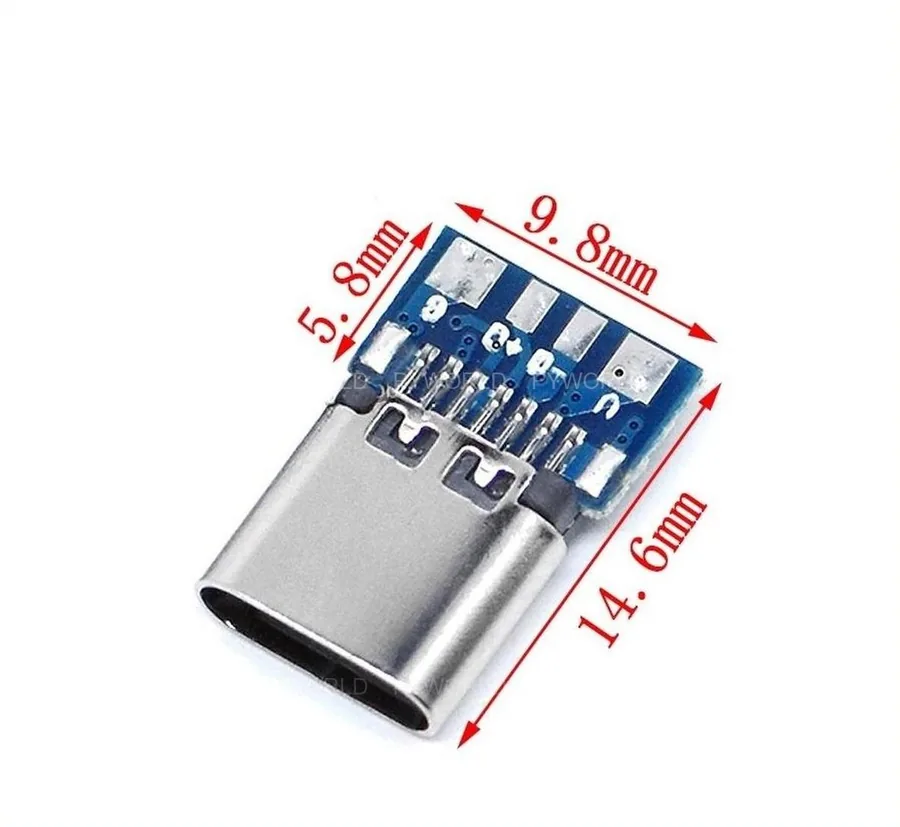 Jack USB Type-C cái chưa hàn dây trên mạch xanh dương với kích thước ghi trên ảnh: 14,6 mm, 9,8 mm và 5,8 mm