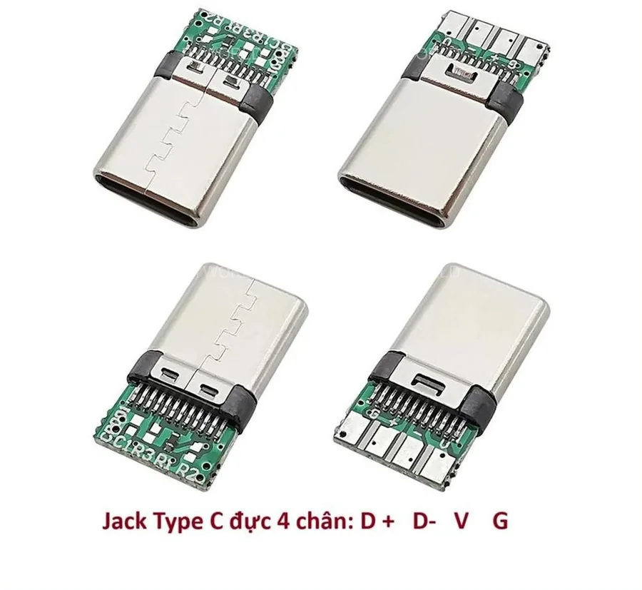 Bốn góc nhìn của jack USB Type-C đực 4 chân hàn trên mạch xanh lá: một mặt có bốn pad hàn lớn, mặt kia có các vị trí hàn điện trở dán