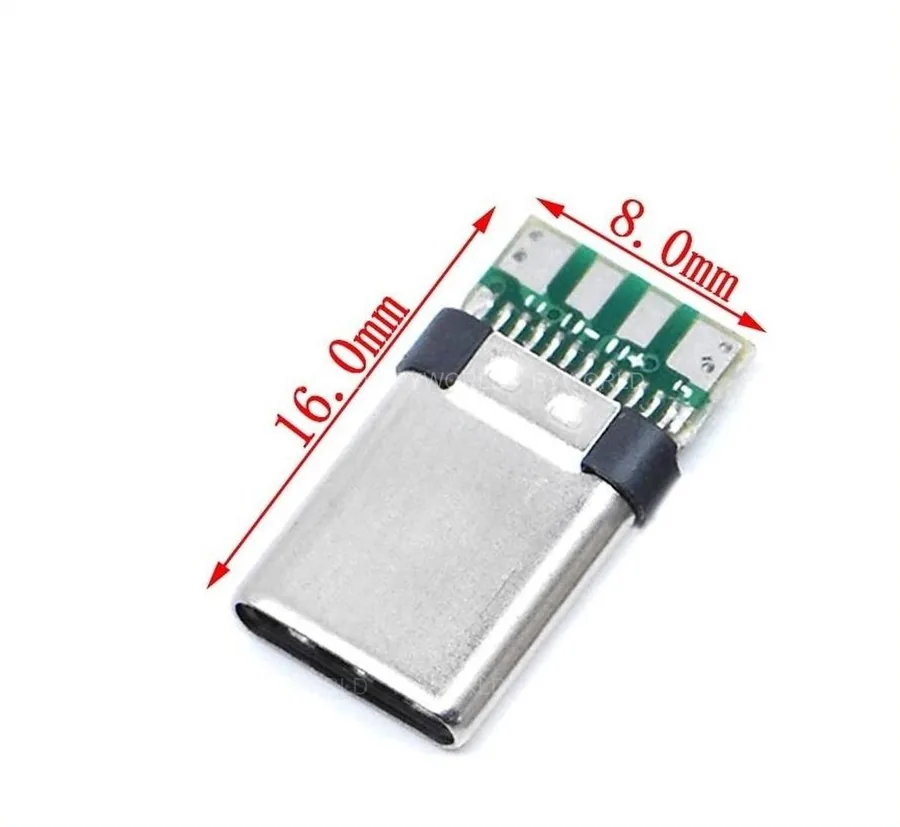 Jack USB Type-C đực chưa hàn dây với kích thước ghi trên ảnh: dài 16,0 mm và rộng 8,0 mm