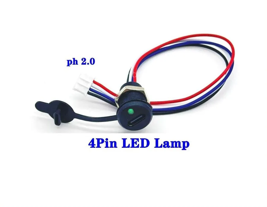 Jack Type-C tròn màu đen loại 4 dây có đèn LED xanh ở mặt jack, nắp che cao su, cuối dây bấm đầu cắm PH2.0 bốn chân