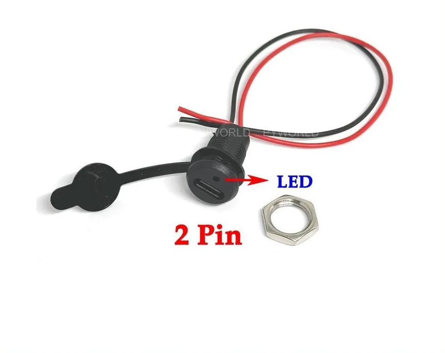 Jack Type-C tròn màu đen tích hợp mạch sạc pin loại 2 dây đỏ đen, có nắp che cao su, đai ốc và đèn LED ở mặt jack