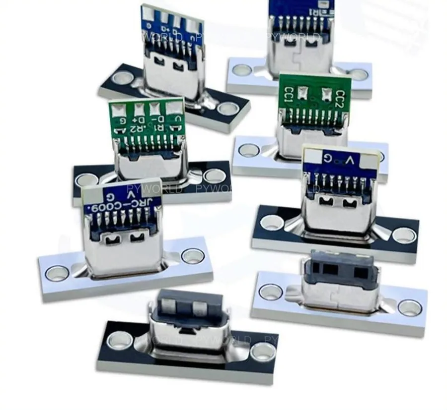Các mạch ra chân USB Type-C cái gắn panel có tấm kim loại hai lỗ vít, pad hàn ghi nhãn V, D+, D−, G, CC1, CC2
