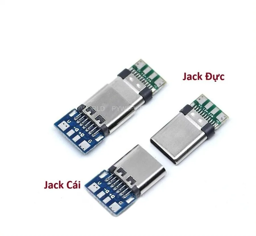 Jack USB Type-C đực và jack Type-C cái chưa hàn dây, hàn trên mạch nhỏ màu xanh có pad ghi nhãn
