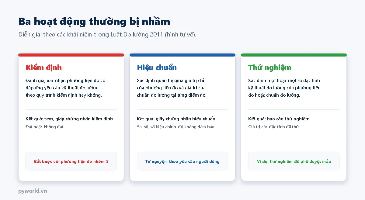 Ba cột so sánh: kiểm định đánh giá phương tiện đo có đáp ứng yêu cầu kỹ thuật đo lường, kết quả tem và giấy chứng nhận đạt hoặc không đạt, bắt buộc với phương tiện đo nhóm 2; hiệu chuẩn xác định quan hệ giữa giá trị chỉ của phương tiện đo và chuẩn, kết quả là sai số, số hiệu chính và độ không đảm bảo, tự nguyện; thử nghiệm xác định đặc tính kỹ thuật đo lường, kết quả là báo cáo thử nghiệm