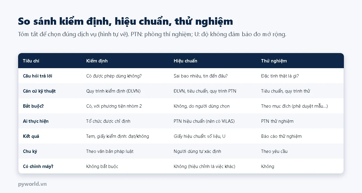Bảng so sánh kiểm định, hiệu chuẩn, thử nghiệm theo các tiêu chí: câu hỏi trả lời, căn cứ kỹ thuật, có bắt buộc không, ai thực hiện, kết quả, chu kỳ, có chỉnh máy không