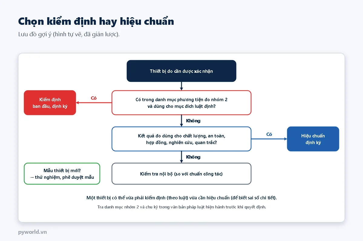Lưu đồ: nếu thiết bị có trong danh mục phương tiện đo nhóm 2 và dùng cho mục đích luật định thì kiểm định ban đầu và định kỳ; nếu không, nếu kết quả đo dùng cho chất lượng, an toàn, hợp đồng, nghiên cứu, quan trắc thì hiệu chuẩn định kỳ; nếu không thì kiểm tra nội bộ; mẫu thiết bị mới thì thử nghiệm và phê duyệt mẫu