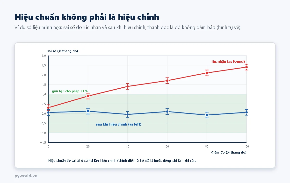 Đồ thị sai số theo điểm đo từ 0 đến 100 phần trăm thang đo: đường đỏ lúc nhận tăng dần tới 2,4 phần trăm, vượt giới hạn cho phép cộng trừ 1 phần trăm; đường xanh sau khi hiệu chỉnh nằm quanh 0; mỗi điểm có thanh độ không đảm bảo