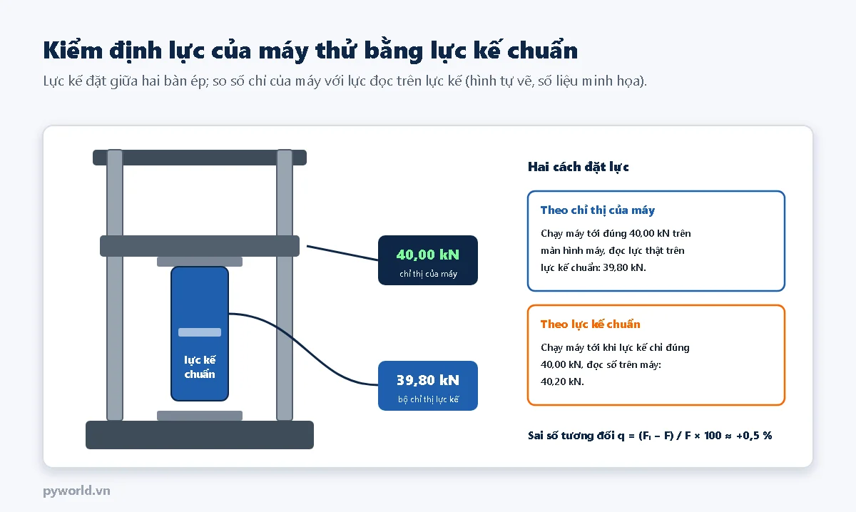 Sơ đồ máy thử hai trụ với lực kế chuẩn màu xanh đặt giữa bàn ép trên và bàn ép dưới; chỉ thị của máy hiện 40,00 kN, bộ chỉ thị lực kế hiện 39,80 kN; bên phải là hai cách đặt lực: theo chỉ thị của máy và theo lực kế chuẩn, sai số tương đối khoảng cộng 0,5 phần trăm