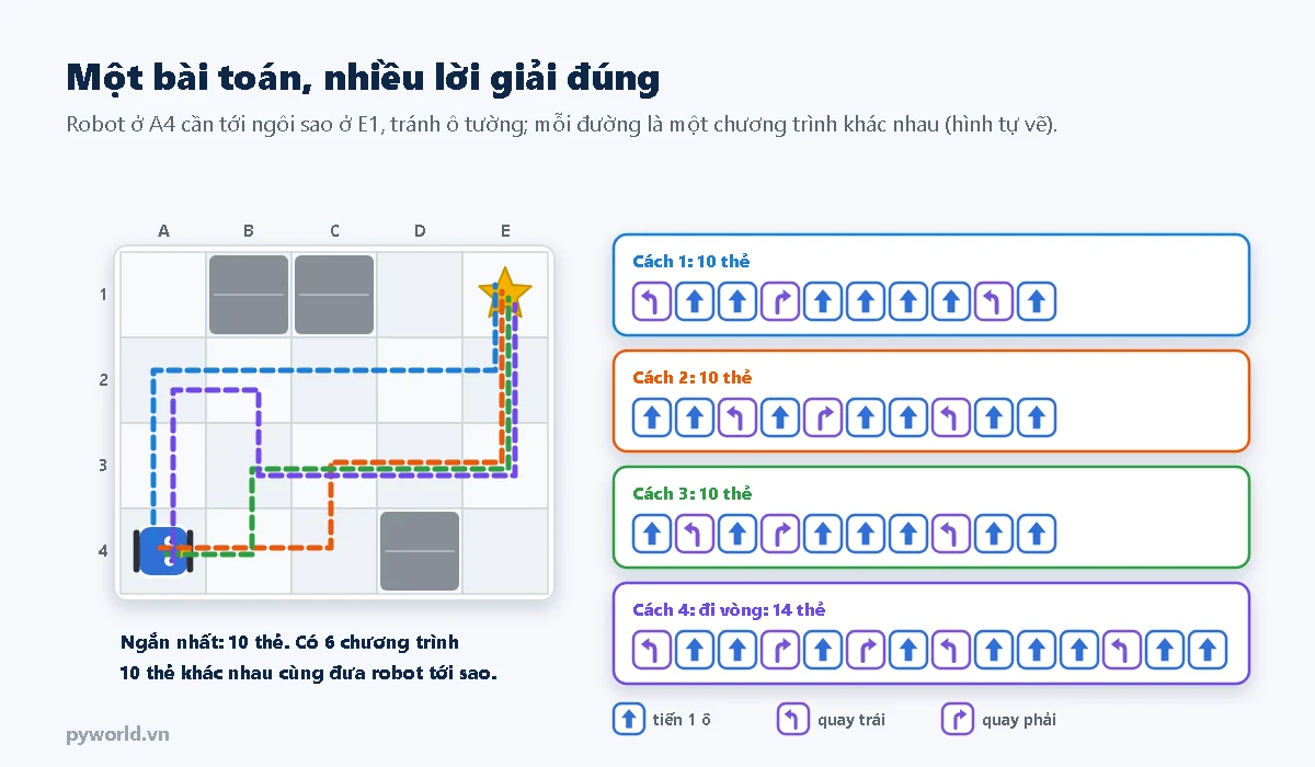 Bảng ô vuông 5 cột 4 hàng, robot ở A4 cần tới ngôi sao ở E1 tránh các ô tường; bốn đường đi màu khác nhau ứng với bốn chương trình: ba chương trình 10 thẻ và một chương trình đi vòng 14 thẻ; có tất cả 6 chương trình ngắn nhất dài 10 thẻ