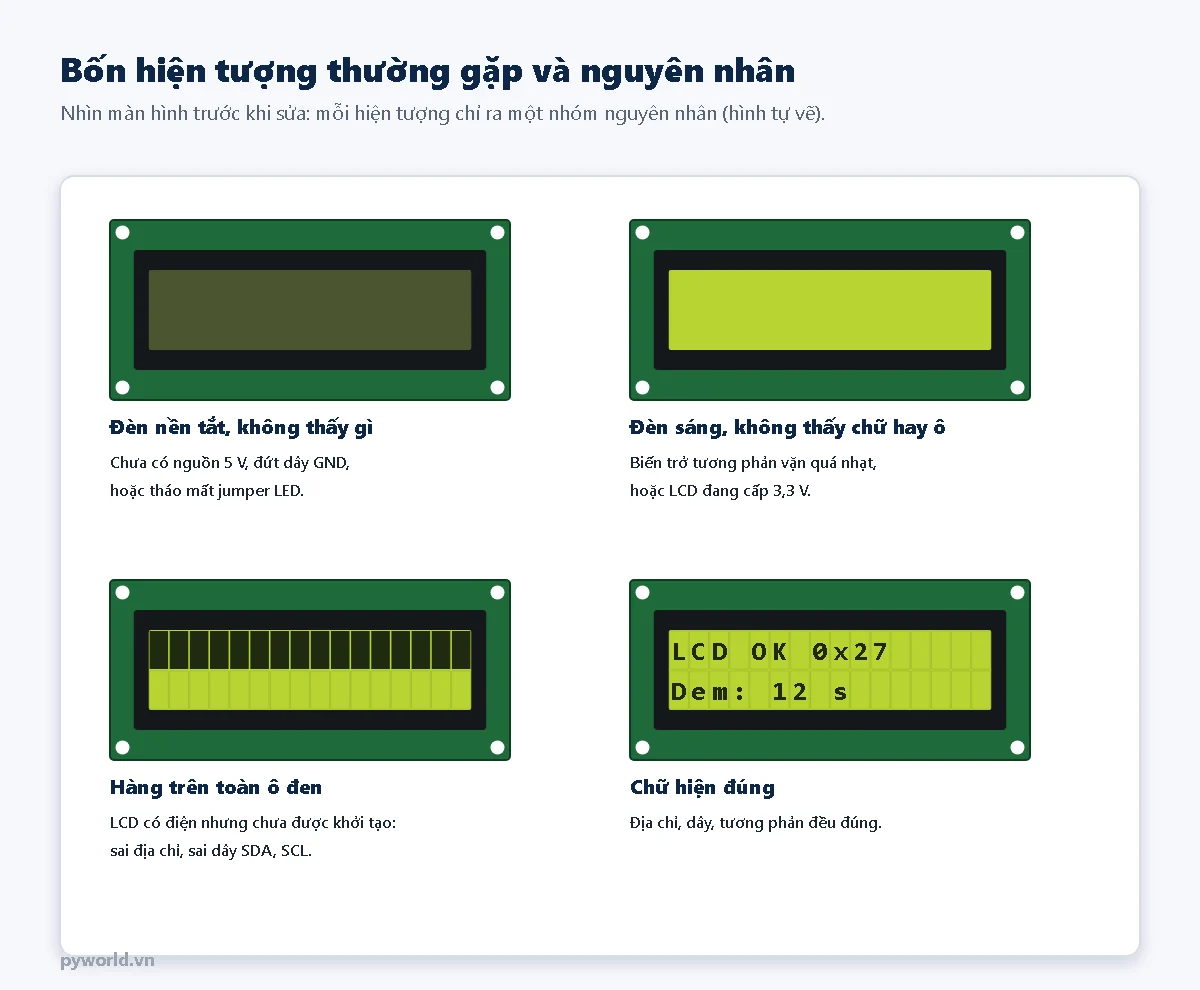 Bốn hiện tượng của LCD 1602 I2C: đèn nền tắt không thấy gì, đèn sáng không thấy chữ, hàng trên toàn ô vuông đen, chữ hiện đúng