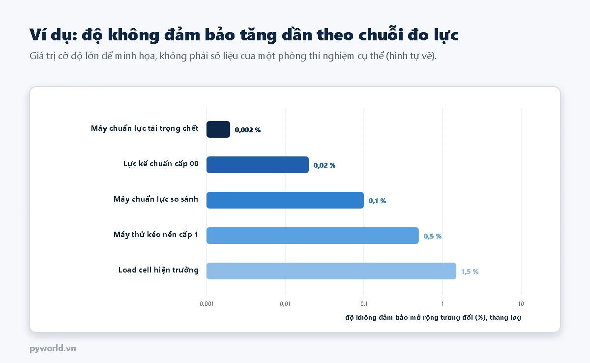 Biểu đồ thanh ngang thang log: máy chuẩn lực tải trọng chết khoảng 0,002 phần trăm, lực kế chuẩn cấp 00 khoảng 0,02 phần trăm, máy chuẩn lực so sánh khoảng 0,1 phần trăm, máy thử kéo nén cấp 1 khoảng 0,5 phần trăm, load cell hiện trường khoảng 1,5 phần trăm