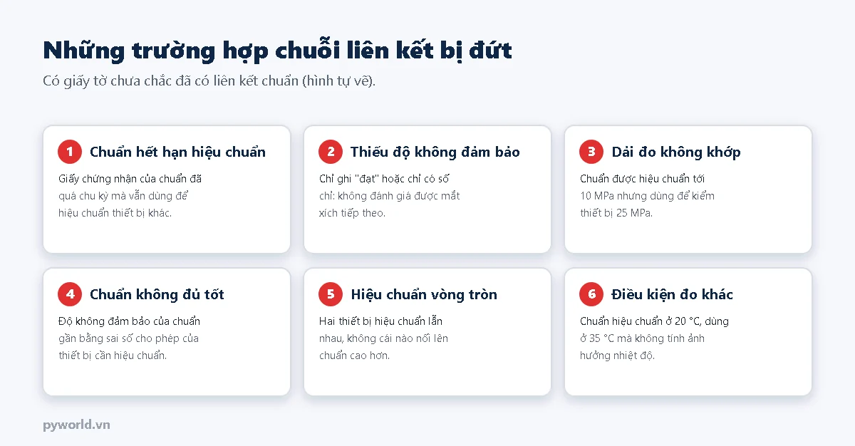 Sáu thẻ: chuẩn hết hạn hiệu chuẩn, giấy thiếu độ không đảm bảo, dải đo không khớp, chuẩn không đủ tốt so với sai số cho phép, hiệu chuẩn vòng tròn giữa hai thiết bị, điều kiện đo khác điều kiện hiệu chuẩn