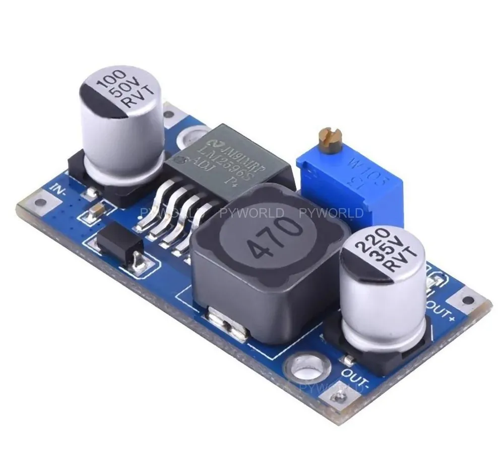 Module hạ áp LM2596S: IC LM2596S, cuộn cảm 47 µH in số 470, tụ vào 100 µF 50 V, tụ ra 220 µF 35 V, biến trở đa vòng màu xanh, các lỗ IN+ IN- OUT+ OUT-
