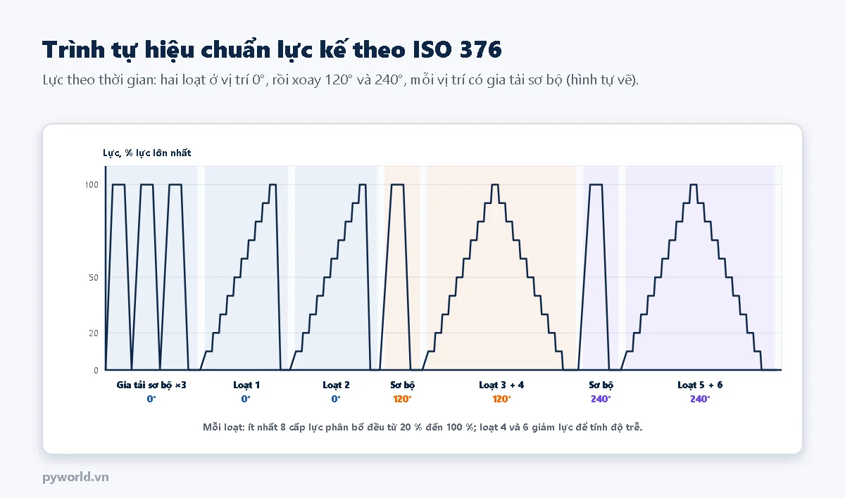 Đồ thị lực theo thời gian của một lần hiệu chuẩn lực kế: ba lần gia tải sơ bộ tới 100 phần trăm ở vị trí 0 độ, loạt 1 và loạt 2 tăng lực từng cấp ở vị trí 0 độ, xoay 120 độ gia tải sơ bộ rồi loạt 3 tăng và loạt 4 giảm, xoay 240 độ gia tải sơ bộ rồi loạt 5 tăng và loạt 6 giảm