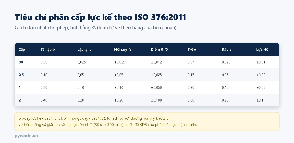 Bảng tiêu chí phân cấp lực kế theo ISO 376 năm 2011: cấp 00 tái lập 0,05, lặp lại 0,025, nội suy 0,025, điểm 0 0,012, trễ 0,07, rão 0,025 phần trăm; cấp 0,5 gấp đôi; cấp 1 và cấp 2 lần lượt gấp bốn và gấp tám; cột cuối là độ không đảm bảo cho phép của lực hiệu chuẩn 0,01 đến 0,1 phần trăm