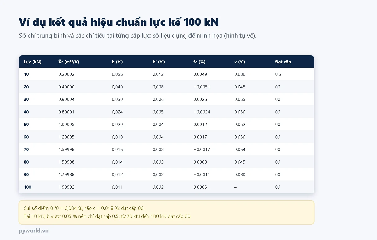 Bảng kết quả hiệu chuẩn lực kế 100 kN tại mười cấp lực từ 10 đến 100 kN gồm số chỉ trung bình mV trên V, b, b phẩy, fc và v; tại 10 kN b bằng 0,055 phần trăm chỉ đạt cấp 0,5, từ 20 đến 100 kN đạt cấp 00