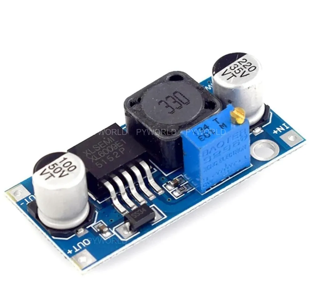 Module tăng áp XL6009E1: IC XL6009E1, cuộn cảm 33 µH in số 330, tụ 220 µF 35 V phía vào, tụ 100 µF 50 V phía ra, biến trở đa vòng màu xanh, lỗ IN+ IN- OUT+ OUT-
