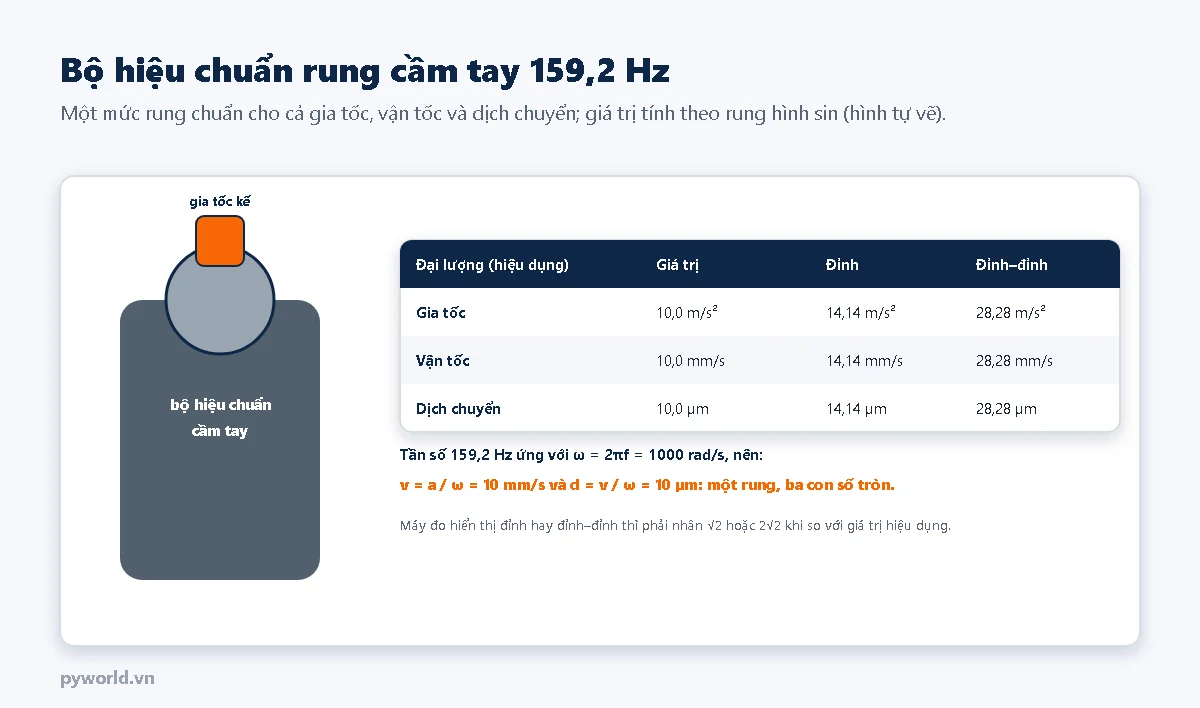 Bộ hiệu chuẩn rung cầm tay có gia tốc kế gắn trên đầu rung; bảng giá trị ở 159,2 Hz: gia tốc 10 mét trên giây bình phương hiệu dụng, 14,14 đỉnh, 28,28 đỉnh đỉnh; vận tốc 10 mm/s hiệu dụng; dịch chuyển 10 micromét hiệu dụng