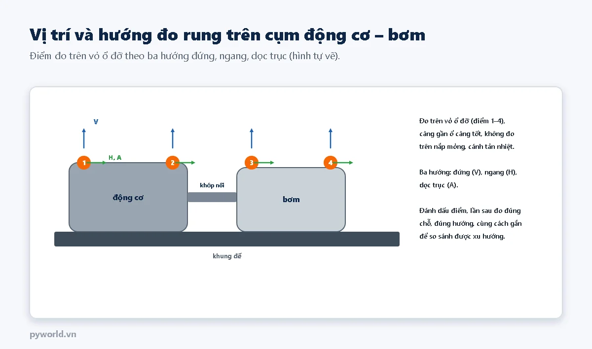 Sơ đồ cụm động cơ và bơm trên khung đế với bốn điểm đo đánh số trên vỏ ổ đỡ, mũi tên hướng đứng V và hướng ngang, dọc trục H, A; bên phải là hướng dẫn chọn điểm đo