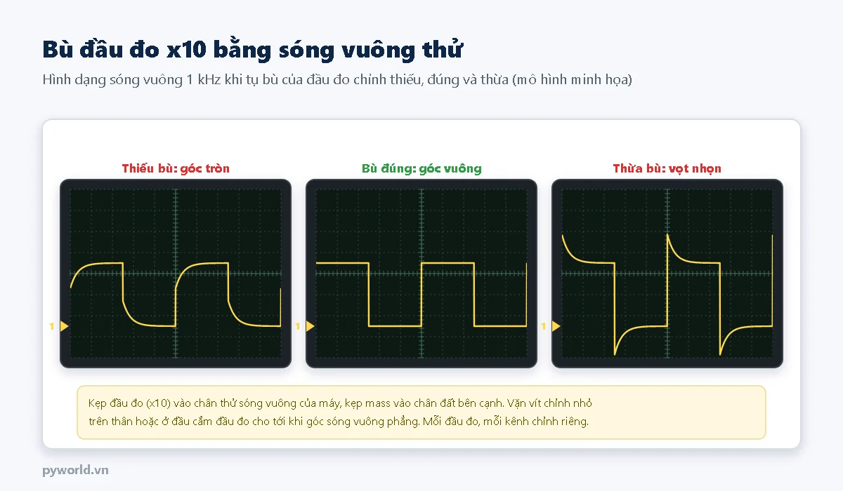 Ba màn hình sóng vuông 1 kHz: thiếu bù có góc tròn, bù đúng có góc vuông, thừa bù có vọt nhọn ở mỗi sườn