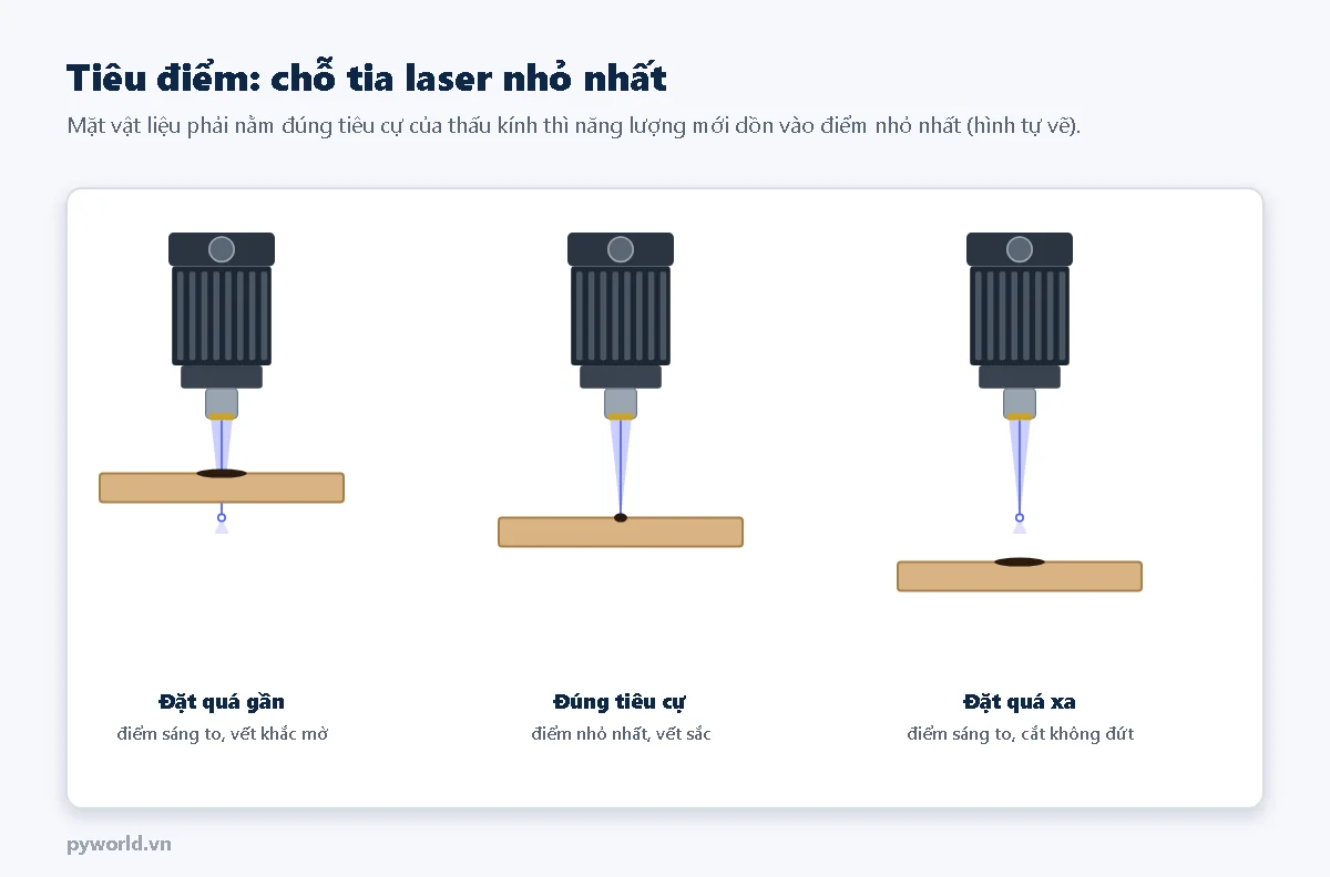 Ba module laser: tấm gỗ đặt quá gần cho điểm sáng to, đặt đúng tiêu cự cho điểm nhỏ nhất, đặt quá xa cho điểm sáng to và cắt không đứt