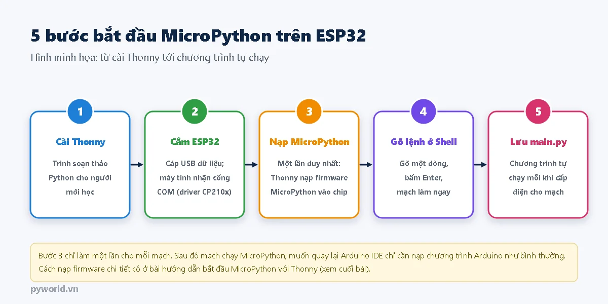 Năm bước nối bằng mũi tên: 1 cài Thonny, 2 cắm ESP32 bằng cáp USB dữ liệu và máy tính nhận cổng COM, 3 nạp firmware MicroPython một lần duy nhất, 4 gõ lệnh ở Shell, 5 lưu main.py để chương trình tự chạy khi cấp điện