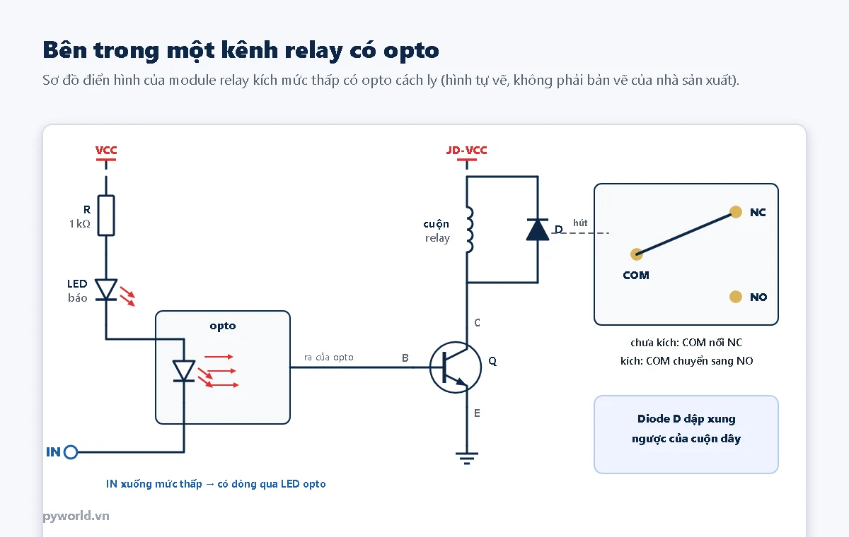 Sơ đồ một kênh module relay có opto: chân IN qua LED báo và LED trong opto lên VCC, phía ra opto kích transistor đóng cuộn relay từ JD-VCC, diode song song cuộn dây, tiếp điểm COM NO NC