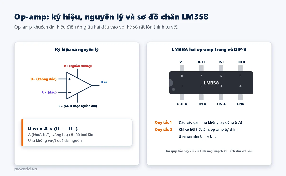 Bên trái ký hiệu op-amp hình tam giác với đầu vào U cộng không đảo, U trừ đảo, ngõ ra U ra, chân nguồn V cộng và V trừ, hộp công thức U ra bằng A nhân hiệu U cộng trừ U trừ, A cỡ 100 000 lần, U ra không vượt quá dải nguồn; bên phải sơ đồ chân LM358 vỏ DIP-8: chân 1 OUT A, 2 trừ IN A, 3 cộng IN A, 4 GND, 5 cộng IN B, 6 trừ IN B, 7 OUT B, 8 V cộng, và hai quy tắc: đầu vào gần như không lấy dòng, khi có hồi tiếp âm op-amp tự chỉnh để U cộng xấp xỉ U trừ