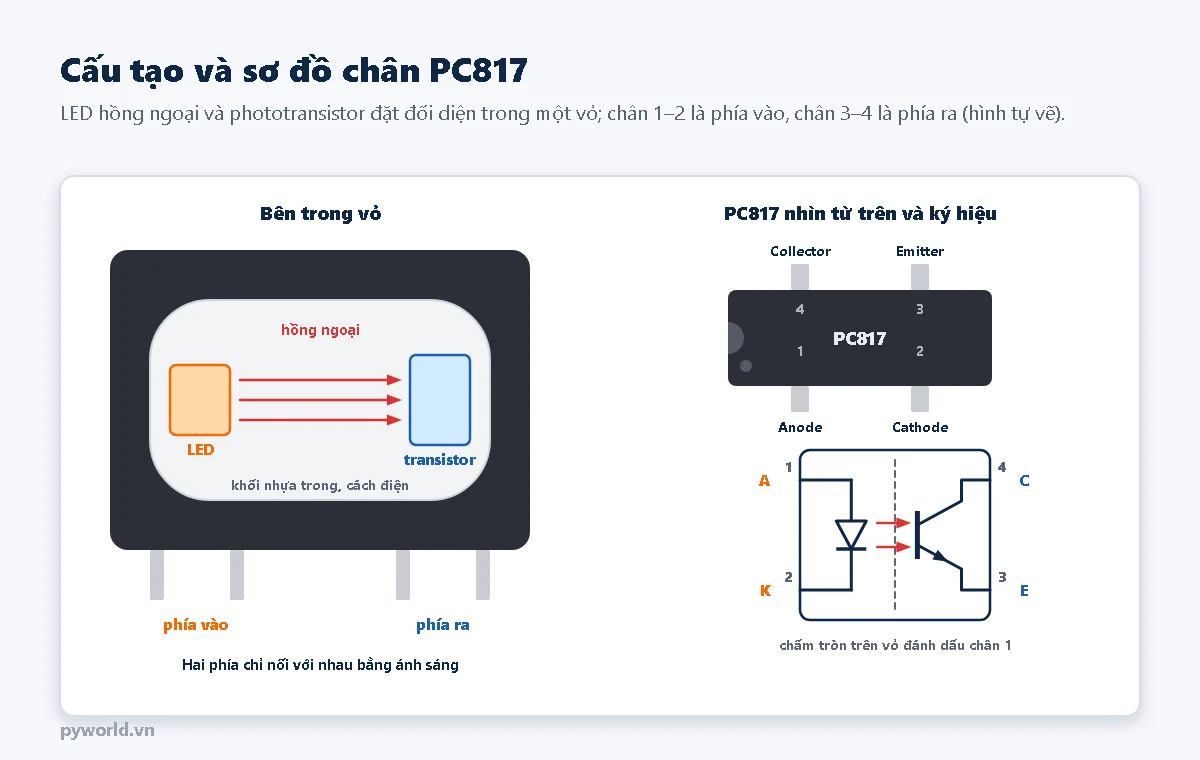 Hai hình: bên trái là hình cắt bên trong vỏ optocoupler với LED màu cam bên trái phát ba tia hồng ngoại sang transistor màu xanh bên phải qua khối nhựa trong cách điện, hai chân phía vào và hai chân phía ra; bên phải là PC817 nhìn từ trên với chân 1 Anode, 2 Cathode ở dưới, 4 Collector, 3 Emitter ở trên, và ký hiệu opto gồm LED, hai mũi tên đỏ và phototransistor không có chân base, chân 1 A, 2 K, 4 C, 3 E