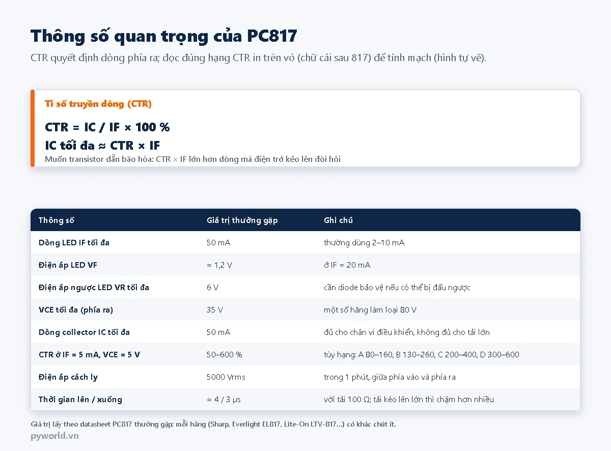 Hộp công thức CTR bằng IC chia IF nhân 100 phần trăm, IC tối đa xấp xỉ CTR nhân IF; bảng thông số PC817: dòng LED tối đa 50 mA, VF khoảng 1,2 V, điện áp ngược LED tối đa 6 V, VCE tối đa 35 V, IC tối đa 50 mA, CTR 50 đến 600 phần trăm theo hạng A, B, C, D, điện áp cách ly 5000 Vrms, thời gian lên xuống khoảng 4 và 3 micro giây với tải 100 ôm