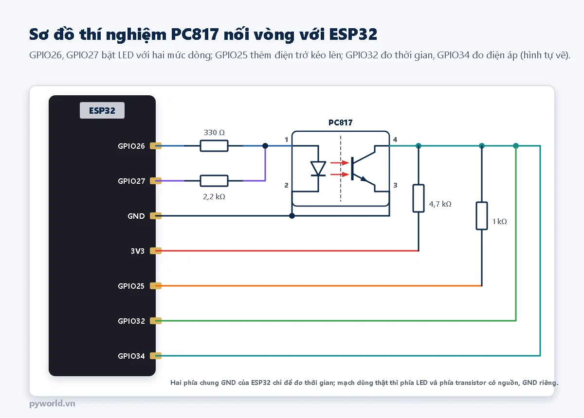Sơ đồ: GPIO26 qua 330 ôm và GPIO27 qua 2,2 kilôôm cùng nối chân 1 của PC817, chân 2 và chân 3 nối GND của ESP32; chân 4 collector nối GPIO32 và GPIO34, điện trở 4,7 kilôôm từ collector lên 3V3 và điện trở 1 kilôôm từ collector tới GPIO25; ghi chú hai phía chung GND chỉ để đo, mạch thật thì tách GND