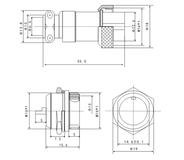 Bản vẽ kích thước đầu nối tròn GX16