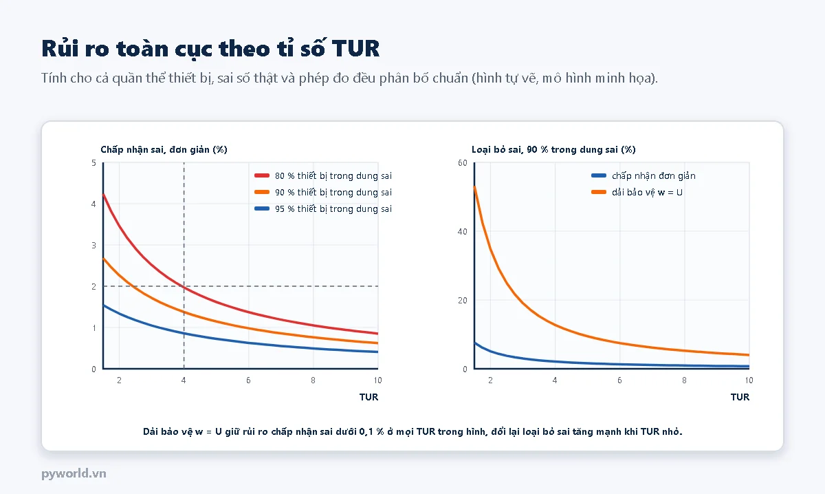 Hai đồ thị theo TUR từ 1,5 đến 10: bên trái rủi ro chấp nhận sai toàn cục khi chấp nhận đơn giản cho ba giả định 80, 90, 95 phần trăm thiết bị trong dung sai, tại TUR 4 với 80 phần trăm khoảng 2 phần trăm; bên phải rủi ro loại bỏ sai với chấp nhận đơn giản và với dải bảo vệ w bằng U, dải bảo vệ làm loại bỏ sai tăng mạnh khi TUR nhỏ