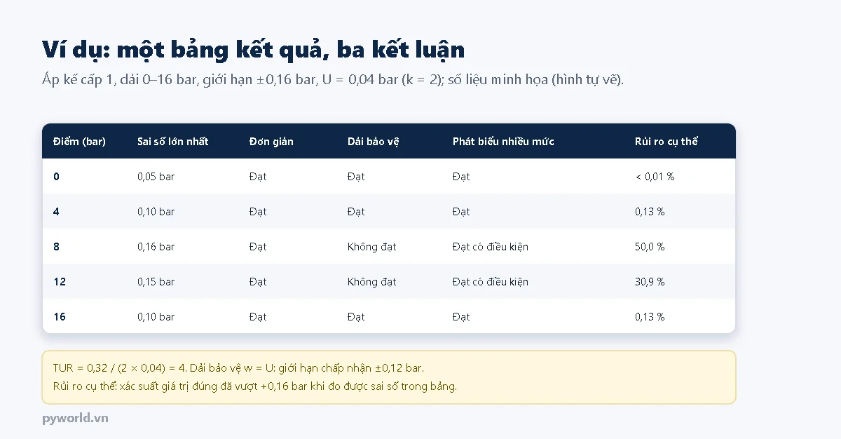 Bảng kết quả áp kế cấp 1 dải 0 đến 16 bar tại năm điểm với sai số lớn nhất 0,05; 0,10; 0,16; 0,15; 0,10 bar; theo chấp nhận đơn giản đều đạt; theo dải bảo vệ w bằng U với giới hạn chấp nhận 0,12 bar thì điểm 8 và 12 bar không đạt; theo phát biểu nhiều mức hai điểm này đạt có điều kiện; rủi ro cụ thể 50 phần trăm và 30,9 phần trăm